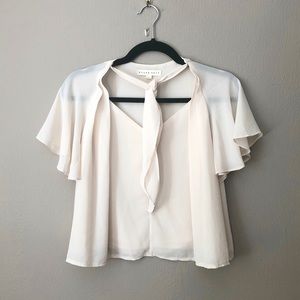 Sheer pink flutter sleeve v-neck top with neck tie